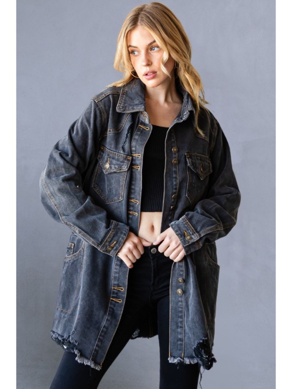 Denim Distressed Oversized Black Jacket- NWOT - Picture 2 of 6